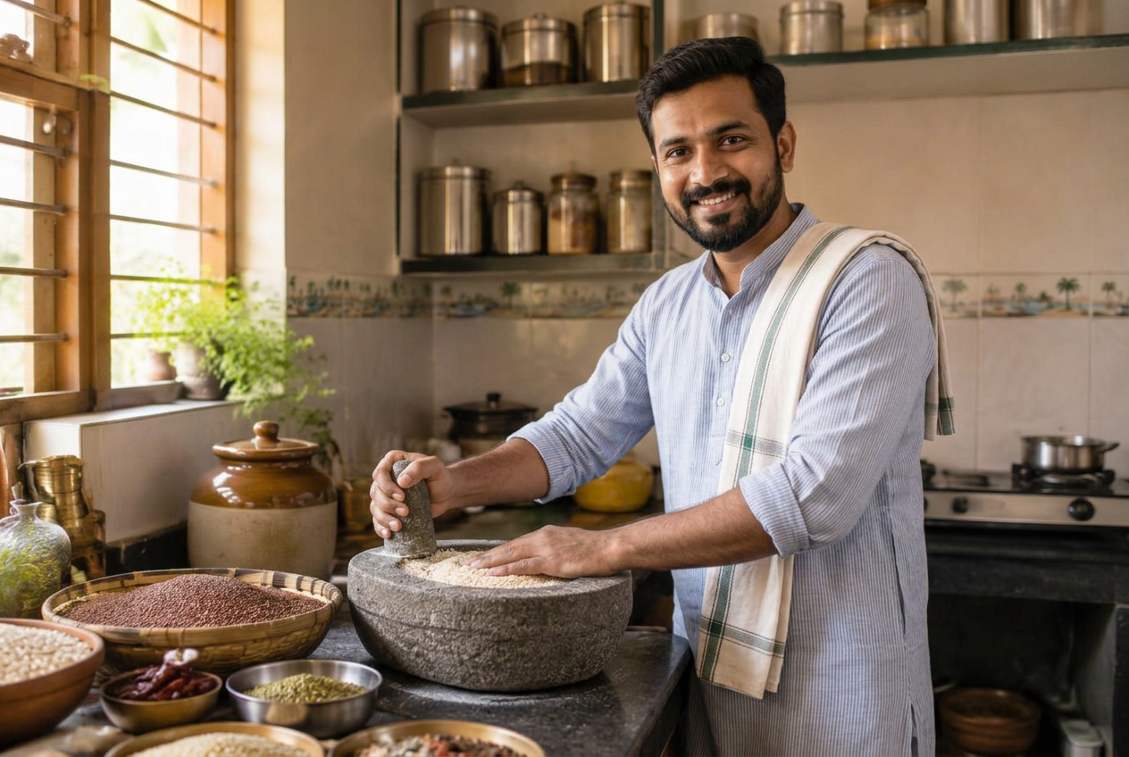 Raja preparing wholesome grains in a warm Indian home kitchen